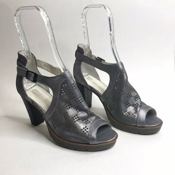 Regarde Le Ciel Womens Silver Leather Perforated Sandal Open Toe Buckle Heel 39 - Picture 1 of 11